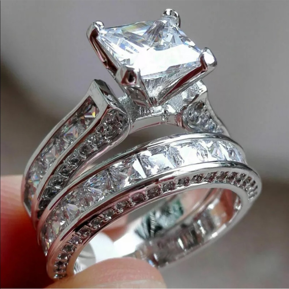 New 2pcs/set Charm 925 Silver White Sapphire Ring - Picture 3 of 6